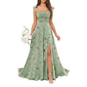 Long Ruffled A Line Scooped Neckline Bridesmaids Wedding Dress